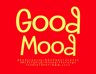 Vector happy card Good Mood. Decorative Alphabet Letters, Numbers and Symbols set. Handwritten Yellow Font
