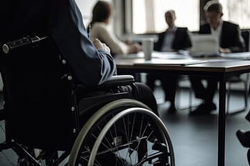 Obraz premium Close up view of businessman sitting at wheelchair at meeting in modern office