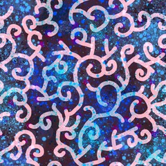 Seamless pattern of abstract elements in pink and blue shades on a dark background for textile.