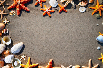 Summer beach concept with starfish, seashells and blank text space.