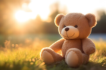 Teddy bear toy sitting at sunset