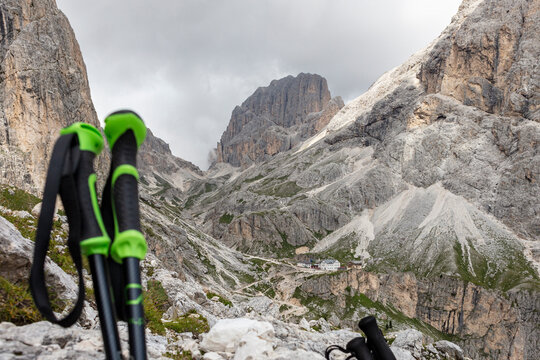 View of the Santner Pass from the Gartlh&uuml;tte in the Catinaccio-Dolomites.