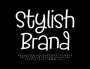 Vector trendy emblem Stylish Brand. White handwritten Font. Artistic style set of Alphabet Letters, Numbers and Symbols