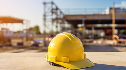 Helmet in construction site and construction site worker background safety first concept