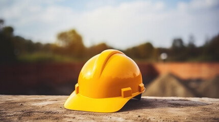 Helmet in construction site and construction site worker background safety first concept