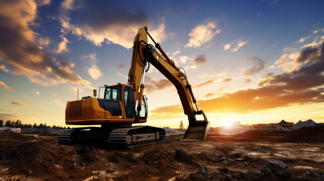 Crawler excavator during earthwork on construction site at sunset. heavy earth mover on the construction site.
