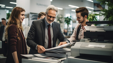 An older employee helps younger colleagues with office equipment 