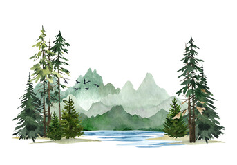 Green mountains river landscape, Nature background, Spruse forest Watercolor hand painting illustration © AsyaShu