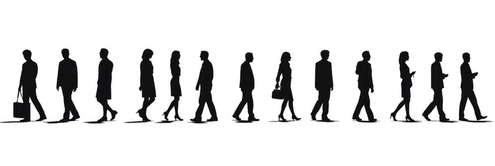 Silhouettes of men and women, a group of standing and walking business people, black color isolated on white background