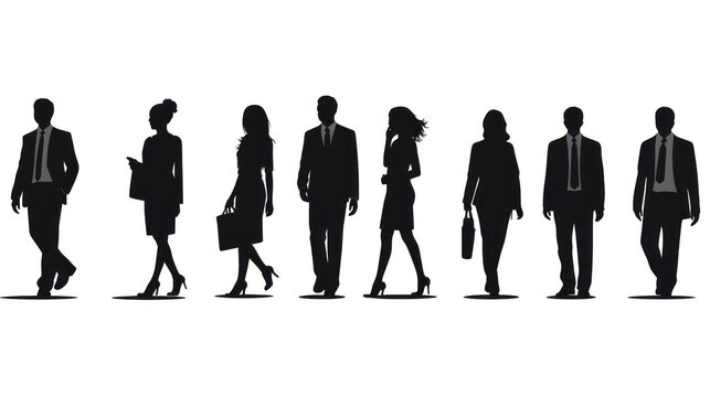 Silhouettes of men and women, a group of standing and walking business people, black color isolated on white background