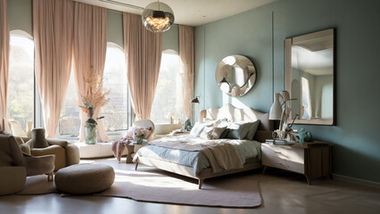 Bedroom design in understated colors with sunlight from the window