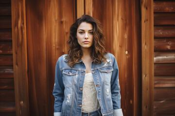 Fototapeta na wymiar Closeup of a young woman wearing a denim jacket against a wood background. Generative AI.