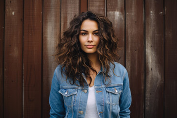 Closeup of a young woman wearing a denim jacket against a wood background. Generative AI.