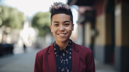 Fototapeta premium Portrait of a queer person, lesbian, non-binary, androgynous, transgender. Pride month concept.