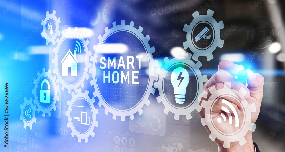 Poster smart home control panel on virtual screen. iot and automation technology concept.