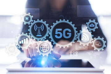 5G Fifth generation of mobile internet. Fast connection. Telecommunication concept on virtual...