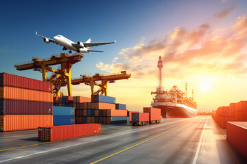 Global business logistic and transportation import export goods. Container cargo freight ship at international port. Cargo plane flying above truck shipping container. Logistic industry. Generative AI