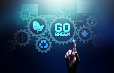GO green eco technology ecology earth planet saving alternative energy. Button on virtual screen.