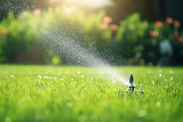 Automatic lawn sprinkler watering green grass. Sprinkler with automatic system. Garden irrigation system watering lawn. Water saving or water conservation from sprinkler system. Generative AI. - obrazy, fototapety, plakaty