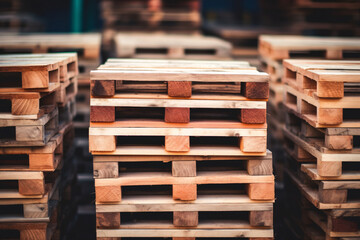 Stack of wooden pallet. Industrial wood pallet at factory warehouse. Cargo and shipping. Sustainability of supply chains. Eco-friendly and sustainable properties. Renewable wood pallet. Generative AI.