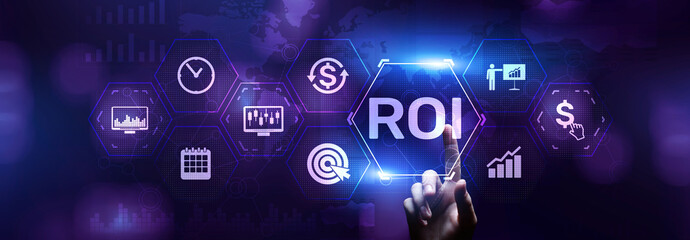 ROI return on investment stok trading business finance concept on virtual screen. - obrazy, fototapety, plakaty
