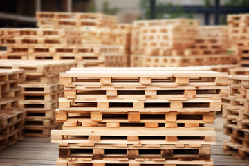 Stack of wooden pallet. Industrial wood pallet at factory warehouse. Cargo and shipping. Sustainability of supply chains. Eco-friendly and sustainable properties. Renewable wood pallet. Generative AI.