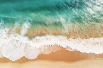 Aerial view of golden sand beach by the sea with emerald green sea water. Summer vacation on tropical paradise beach concept. Ripple of water splash on sandy beach. Summer vibes. Generative AI.