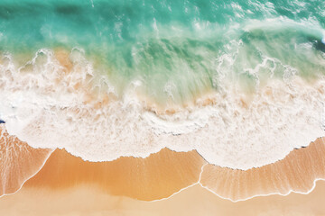 Aerial view of golden sand beach by the sea with emerald green sea water. Summer vacation on tropical paradise beach concept. Ripple of water splash on sandy beach. Summer vibes. Generative AI.