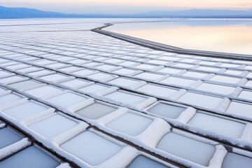 Sea salt farm. Pile of white salt. Raw material of salt industrial. Sodium Chloride mineral. Evaporation and crystallization of sea water. White salt harvesting. Agriculture industry. Generative AI