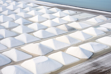 Sea salt farm. Pile of white salt. Raw material of salt industrial. Sodium Chloride mineral. Evaporation and crystallization of sea water. White salt harvesting. Agriculture industry. Generative AI