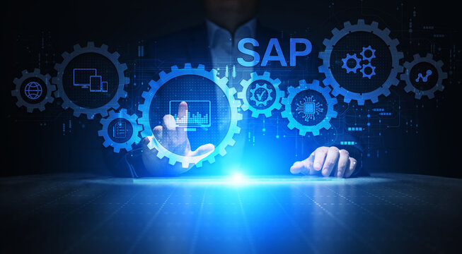 SAP Software Business Process Automation. ERP Enterprise Resource Planning System On Virtual Screen.