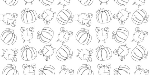 One Line Pumpkin and Alarm clock seamless pattern on white background. Line Art wintertime Wallpaper. Simple black outline gourd in continuous line style. Hand drawn doodle squash. Vector art.
