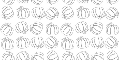 Fototapeta na wymiar One Line Pumpkin seamless pattern on white background. Line Art vegetable Wallpaper. Simple black outline gourd in continuous line style. Hand drawn doodle squash. Vector illustration.