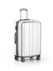 Stylish silver Suitcase on wheels isolated on white. Travel concept - suitcase 3d icon. Transparent background