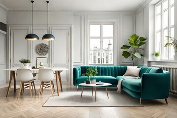 Stylish scandinavian living room with mint design sofa, furniture, poster map mock up, plants and elegant personal accessories. Modern home decor. Open space with dining area. Templates