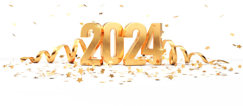 Golden 2024 3d numbers, golden confetti stars and golden ribbons. Happy New Year 2024