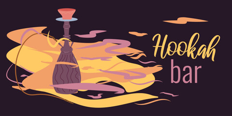 Banner layout design template for hookah bar. Hookah in colored smoke. Vector flat illustration.