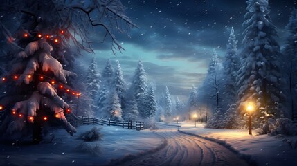 Winter landscape with snowy road and christmas lights. 