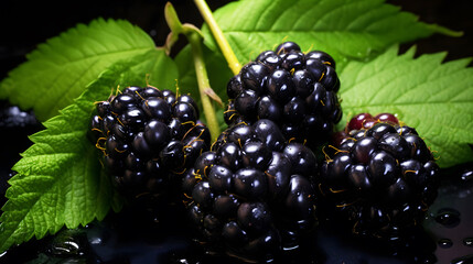 Blackberries with leaves on a black background. Selective focus.