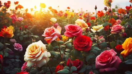 Fotobehang Colorful roses blooming in the garden at sunset. Nature background © mandu77