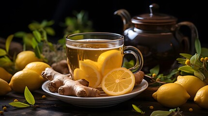 Cup of tea with lemon, ginger and honey on dark background