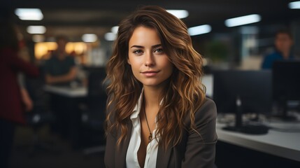Portrait of young businesswoman standing in office. Young businesswoman looking at camera.