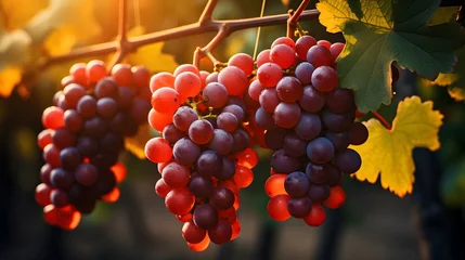 Foto auf Acrylglas Toscane Ripe red grapes on vineyards in autumn harvest at sunset. Tuscany, Italy