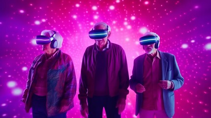 Senior couple in vr headset exploring metaverse world, bright boke background. Generative AI