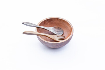 Cutlery wooden bowl on white background