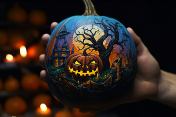 Halloween pumpkin with a painted city