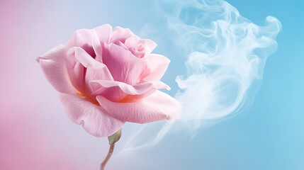 Light pink rose in white smoke, pink and blue background, minimal concept