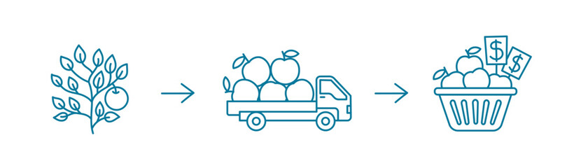 Delivery apple fruit to stores. Icon set. Editable outline. Vector line.