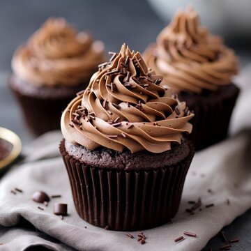 Delicious chocolate cupcakes with chocolate cream fudge icing and sprinkles