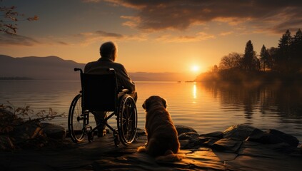 An elderly man in a wheelchair with a dog looking out over a serene seascape at sunset, Disabled Access Day